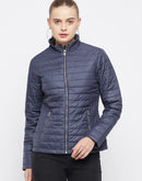 Madame Stand Collar Navy Blue Quilted Jacket