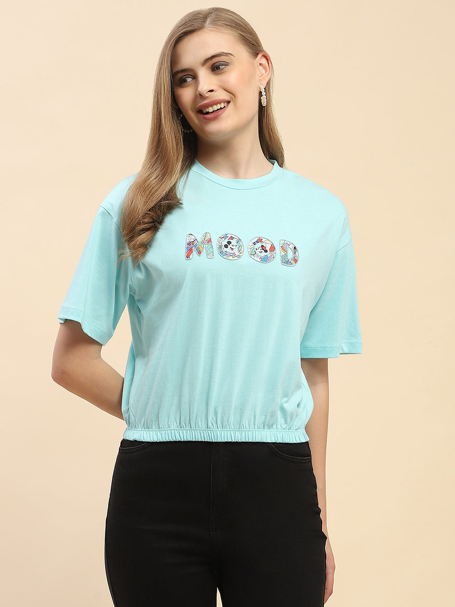Camla Barcelona Embellished Typography Sky Blue Elasticated Waist T-Shrit