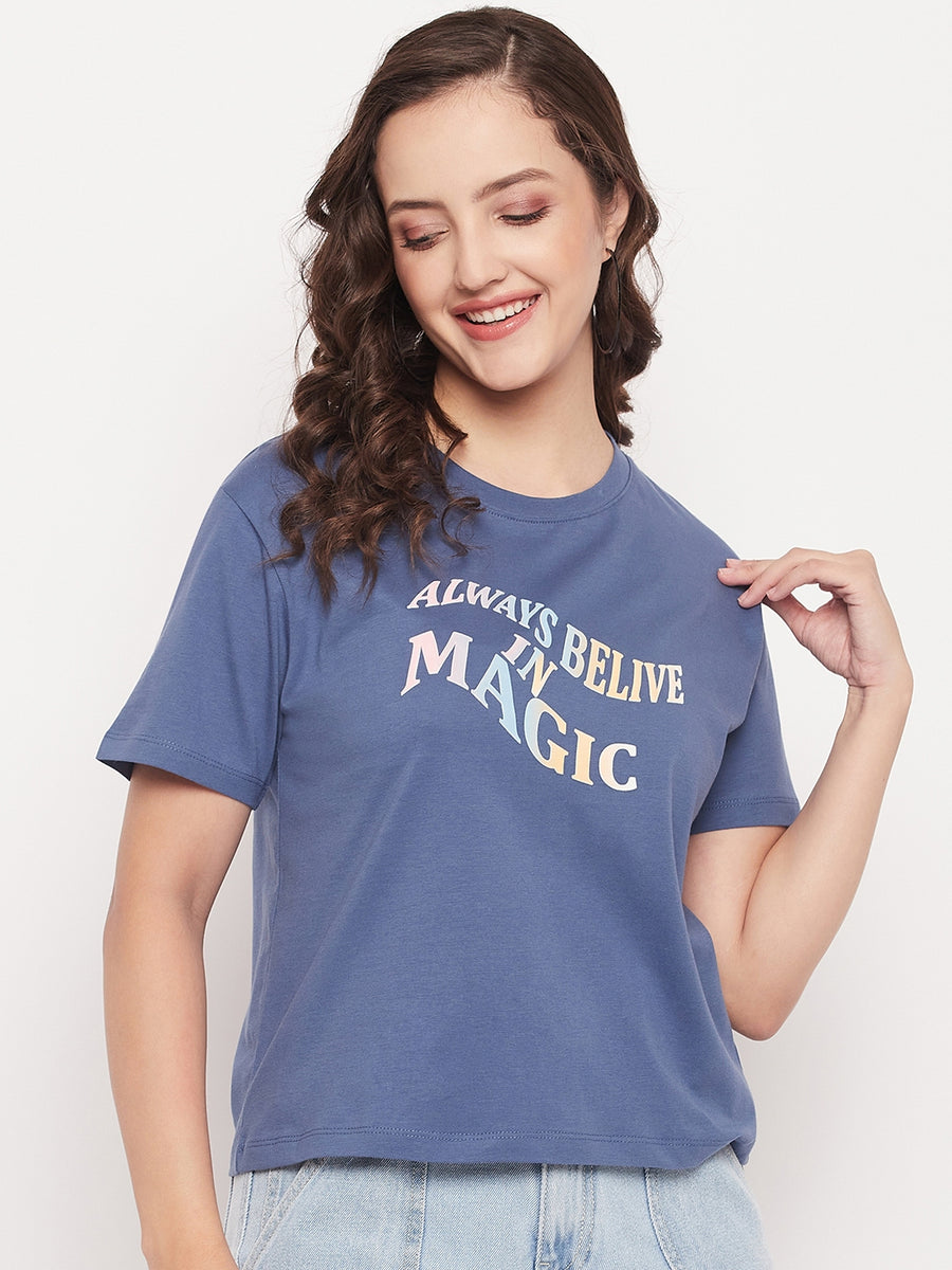 Madame Blue Round Neck  Typography Tshirt
