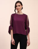 Camla Barcelona Tie Detailed Crew Neck Solid Wine Top