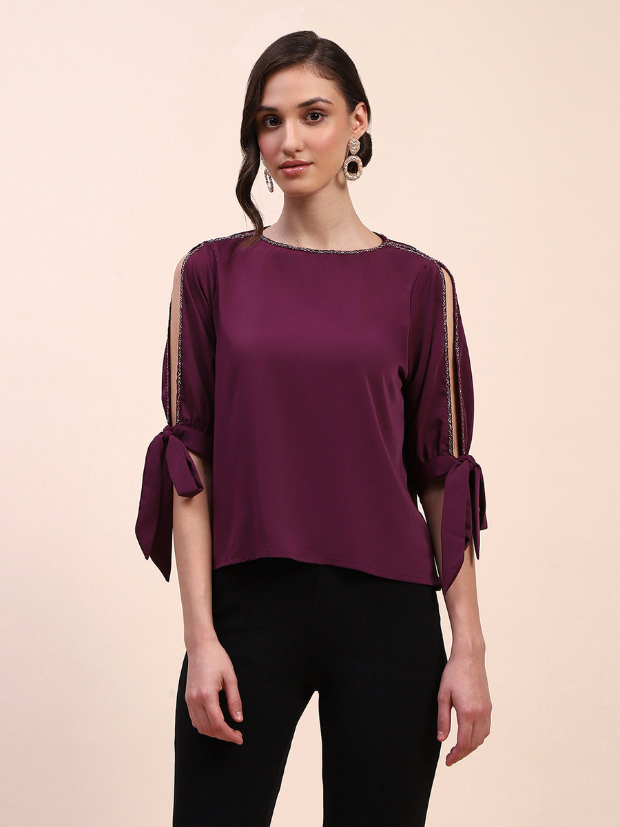 Camla Barcelona Tie Detailed Crew Neck Solid Wine Top