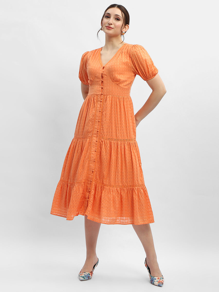 Madame V-Neck Orange Tiered Maxi Dress