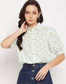 Camla Barcelona White Floral Puffed  Sleeves Printed Shirt