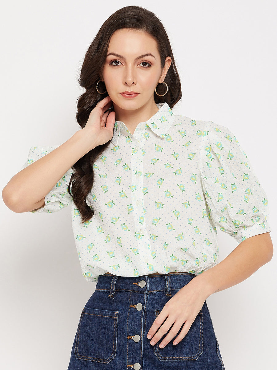 Camla Barcelona White Floral Puffed  Sleeves Printed Shirt