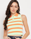 Camla Barcelona Peach Striped  Collared Crop Tshirt