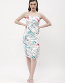 Madame Abstract Print Off-White Drawstring  Bodycon Dress