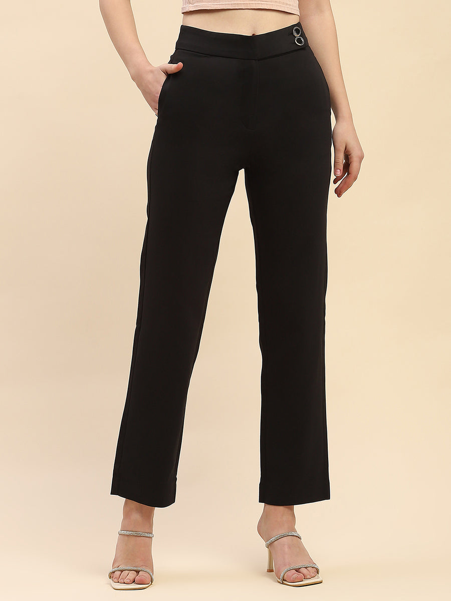 Camla Barcelona Solid Black Straight Fit Trouser
