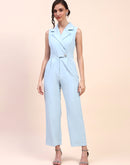 Camla Barcelona Notch Lapel Gurkha Belted Sky Blue Jumpsuit