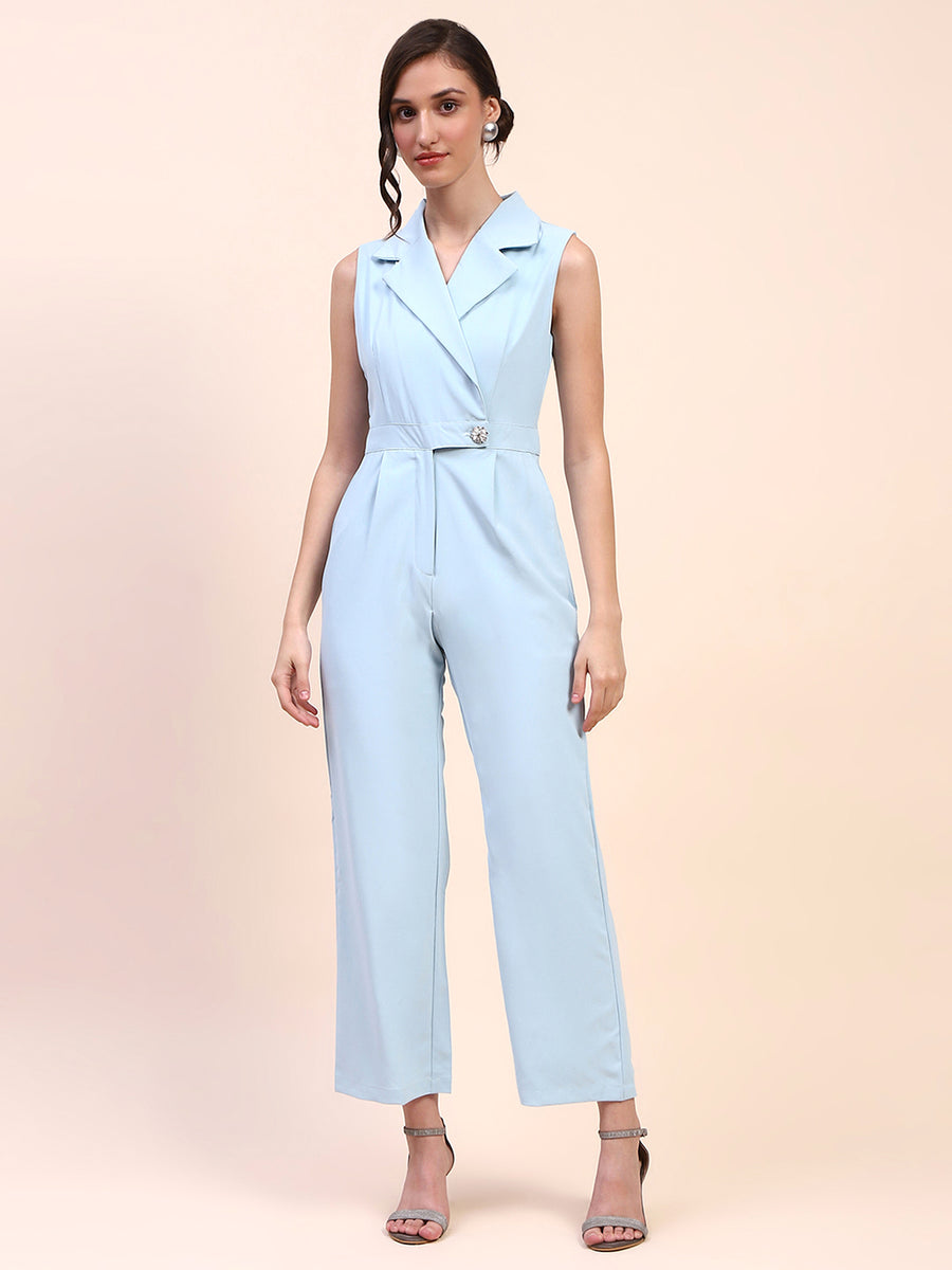 Camla Barcelona Notch Lapel Gurkha Belted Sky Blue Jumpsuit