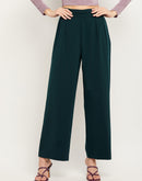 Camla Barcelona Pleated Wide Leg Bottle Green Trousers For Women