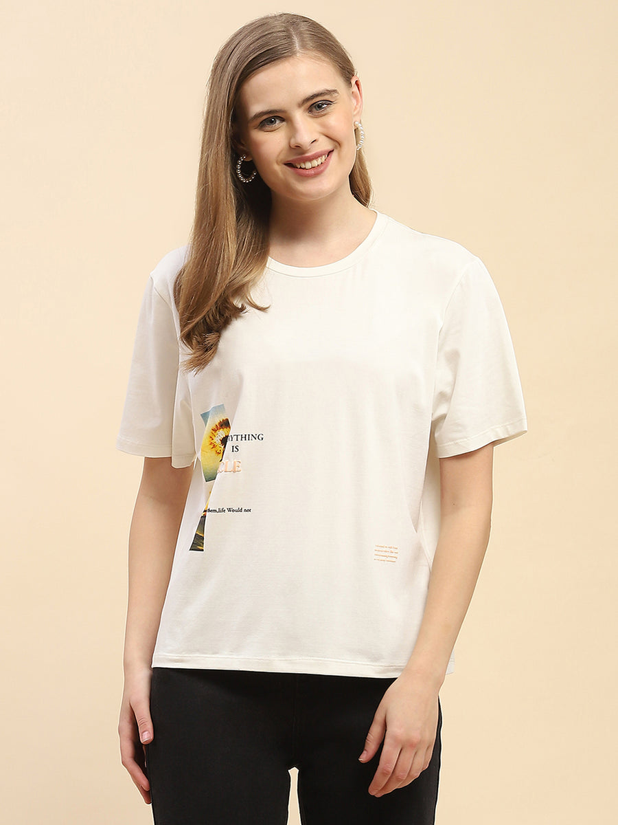 Camla Barcelona Graphic Printed Lilac Round Neck T-Shirt