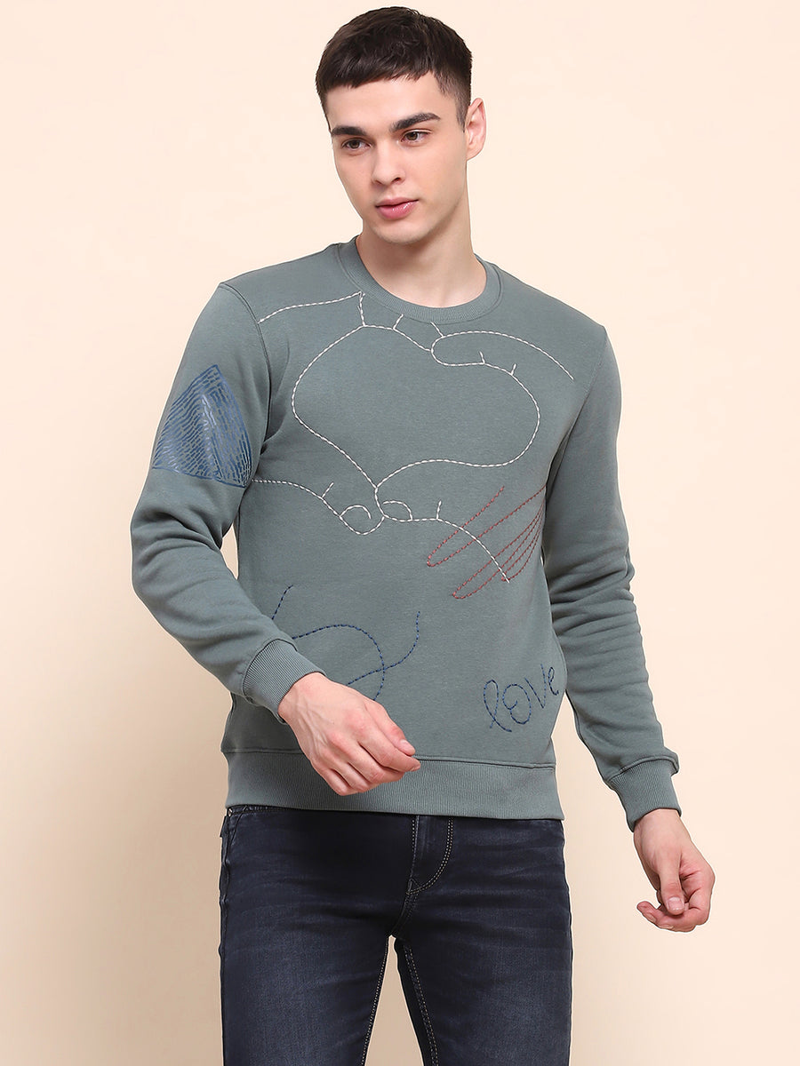 Camla Barcelona Cotton All Over Embroidered Dusty Green Sweatshirt