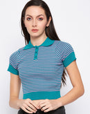 Camla Barcelona Teal Striped Collared Crop  Tshirt