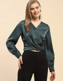 Camla Barcelona Embellished Cuffs Green Satin Top