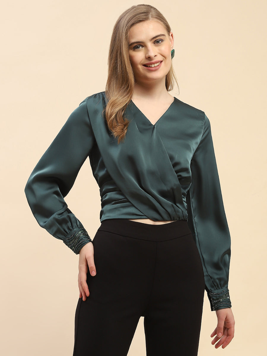 Camla Barcelona Embellished Cuffs Green Satin Top