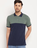 Camla Barcelona Navy Blue And Green Colourblocked Polo Neck T-Shirt