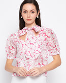 Camla Barcelona Bow Tie Floral Print Puffed Sleeves Top