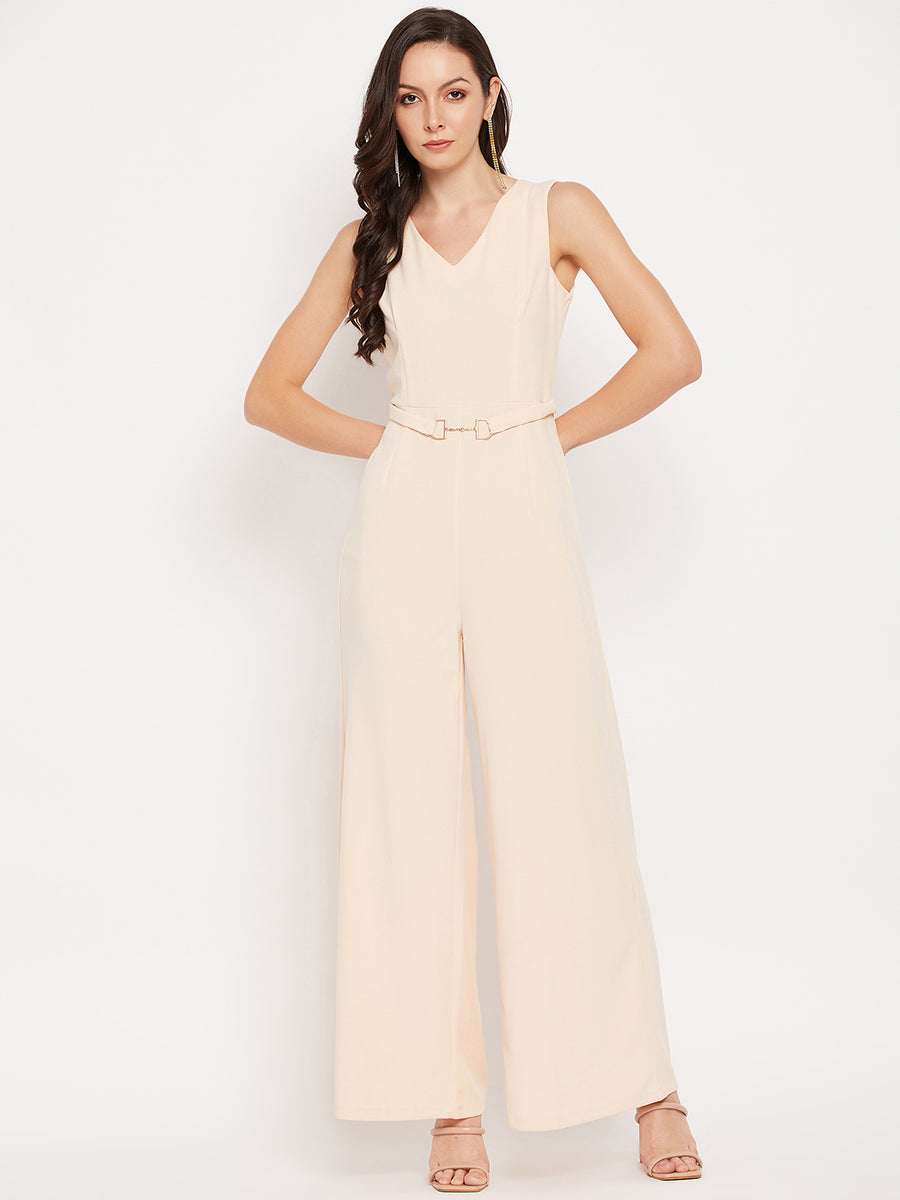 Camla Barcelona Cream Gold Chain Detailed V Neck Jumpsuit