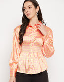 Camla Barcelona Yellow Check Printed Smocked Satin Shirt