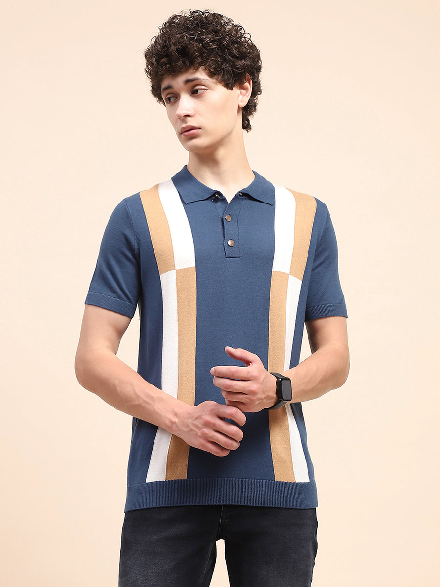 Camla Barcelona Colour Blocked Navy Blue Polo Neck T-Shirt