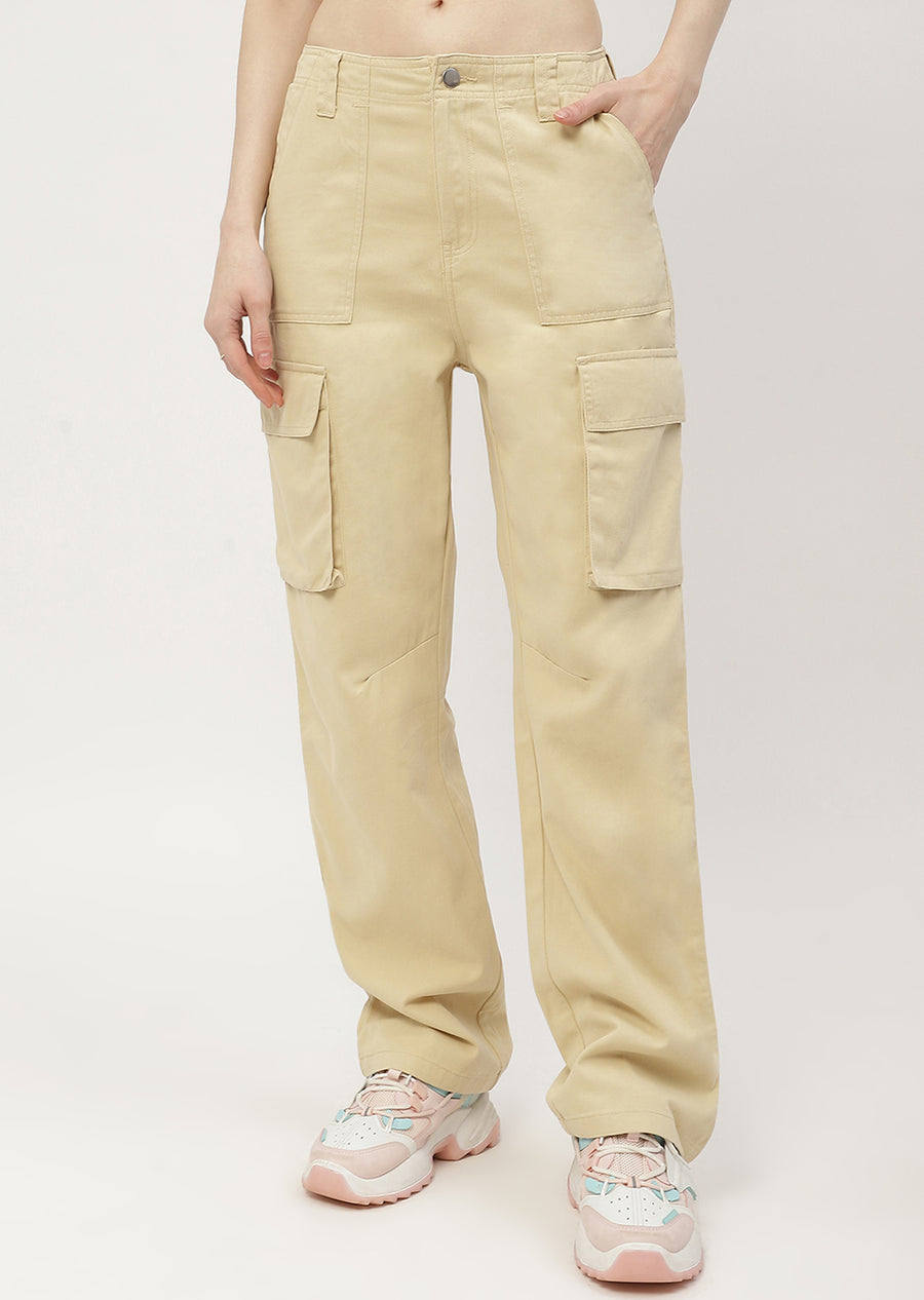 Madame Solid Beige Cargo Jeans