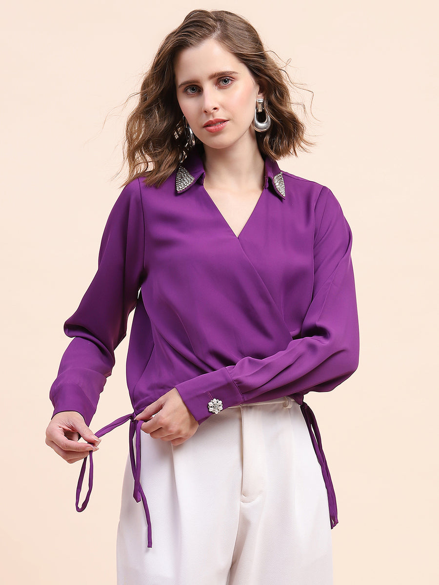 Camla Barcelona Surplice Neck Purple Drawstring Top