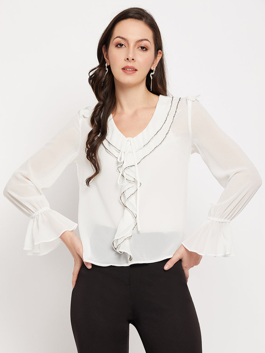Camla Barcelona White Ruffled Embellished Bell Sleeves Top