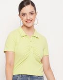 Madame Solid Green Cotton Collared Tshirt