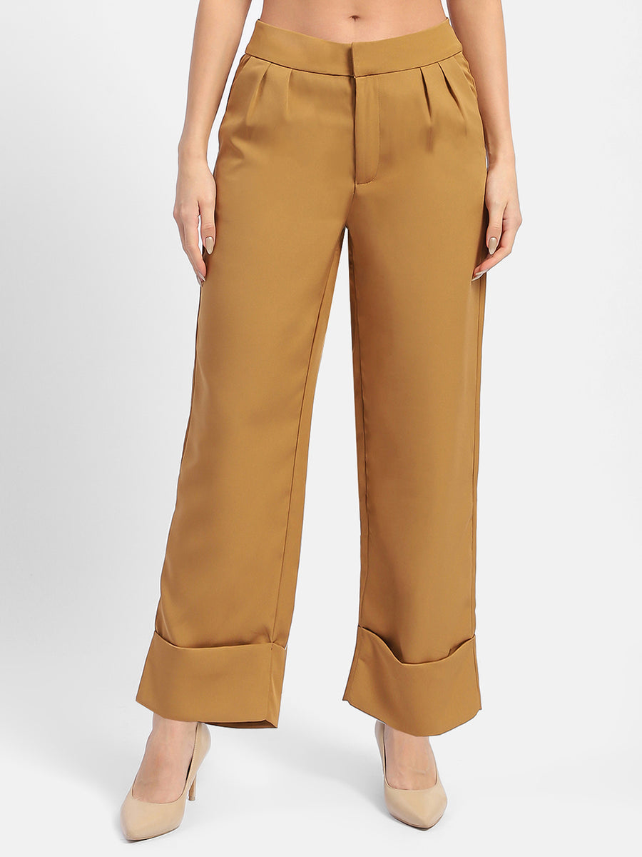 Madame Front Pleated Brown Rolled Hem Trousers