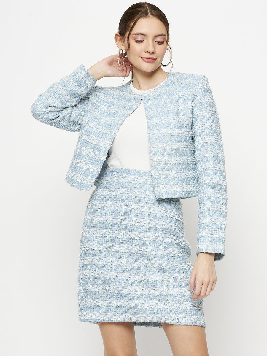 Camla Barcelona Chequered Blazer with Skirt Sky Blue Tweed Co-Ord Set