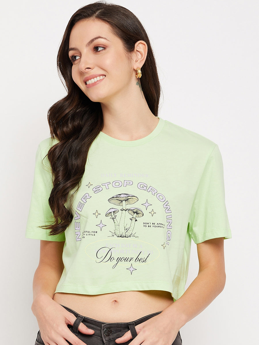 Camla Barcelona Neon Green Typography Crop Tshirt