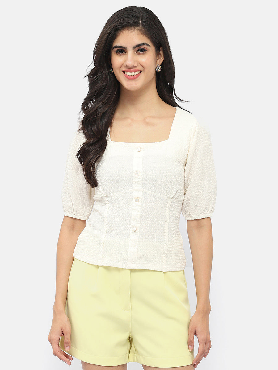 Madame Square Neck Off-White Crinkled Top