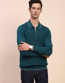Camla Barcelona Polo Neck Teal Half Zip Cotton Knitted T-Shirt