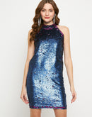 Madame Cobalt Blue Reversible Sequin Halter Neck Dress