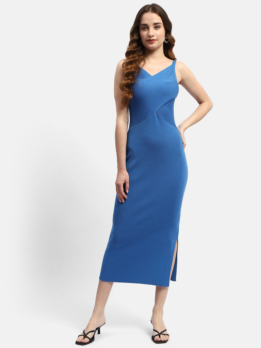 Madame Shanaya Kapoor V-Neck Cobalt Blue Bodycon Dress