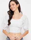 Camla Barcelona White Square Neckline Puffed Sleeves Crop Top