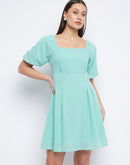 Madame Square Neck Sea Green Chequered Dress