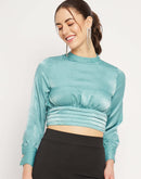 Camla Barcelona Peasent Sleeve Aqua Blue Cinched Waist Crop Top