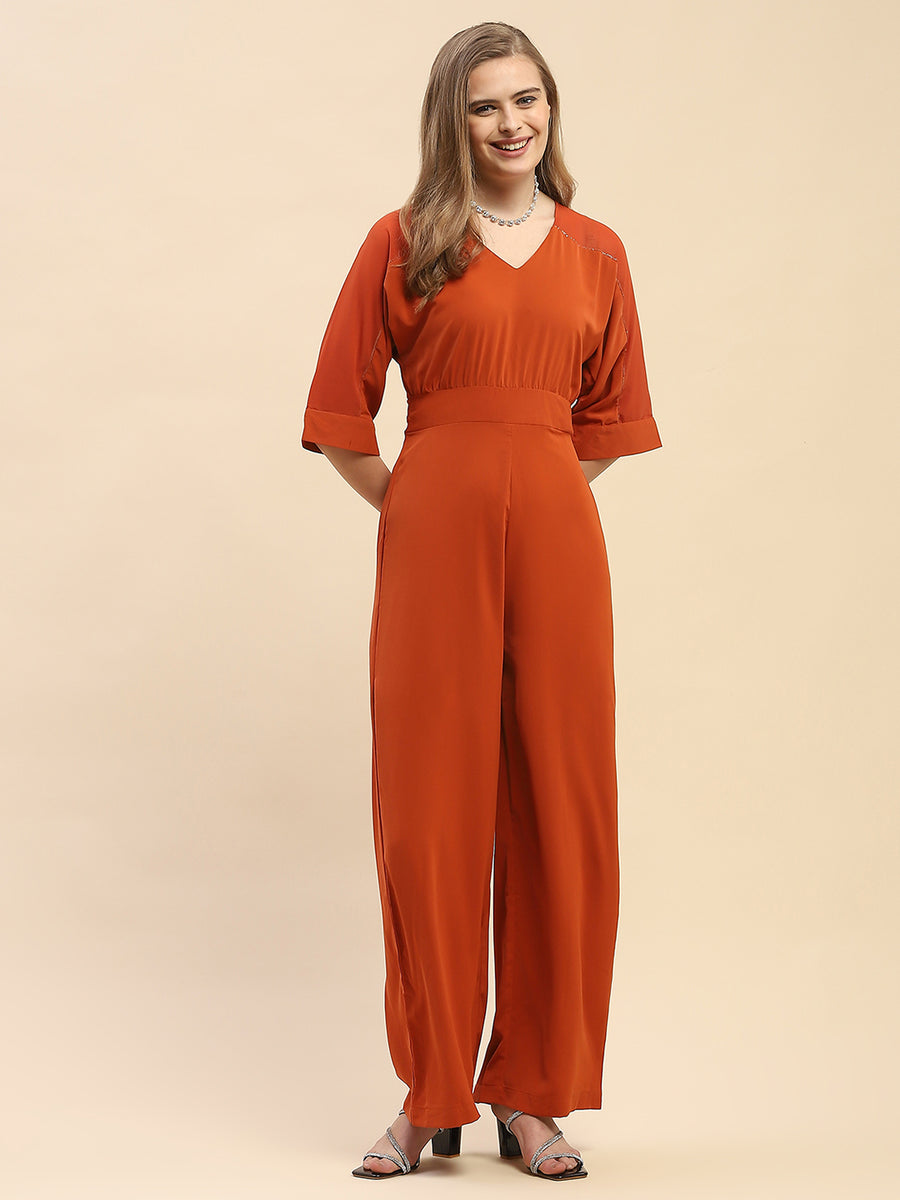 Camla Barcelona Solid Orange V-Neck Jumpsuit