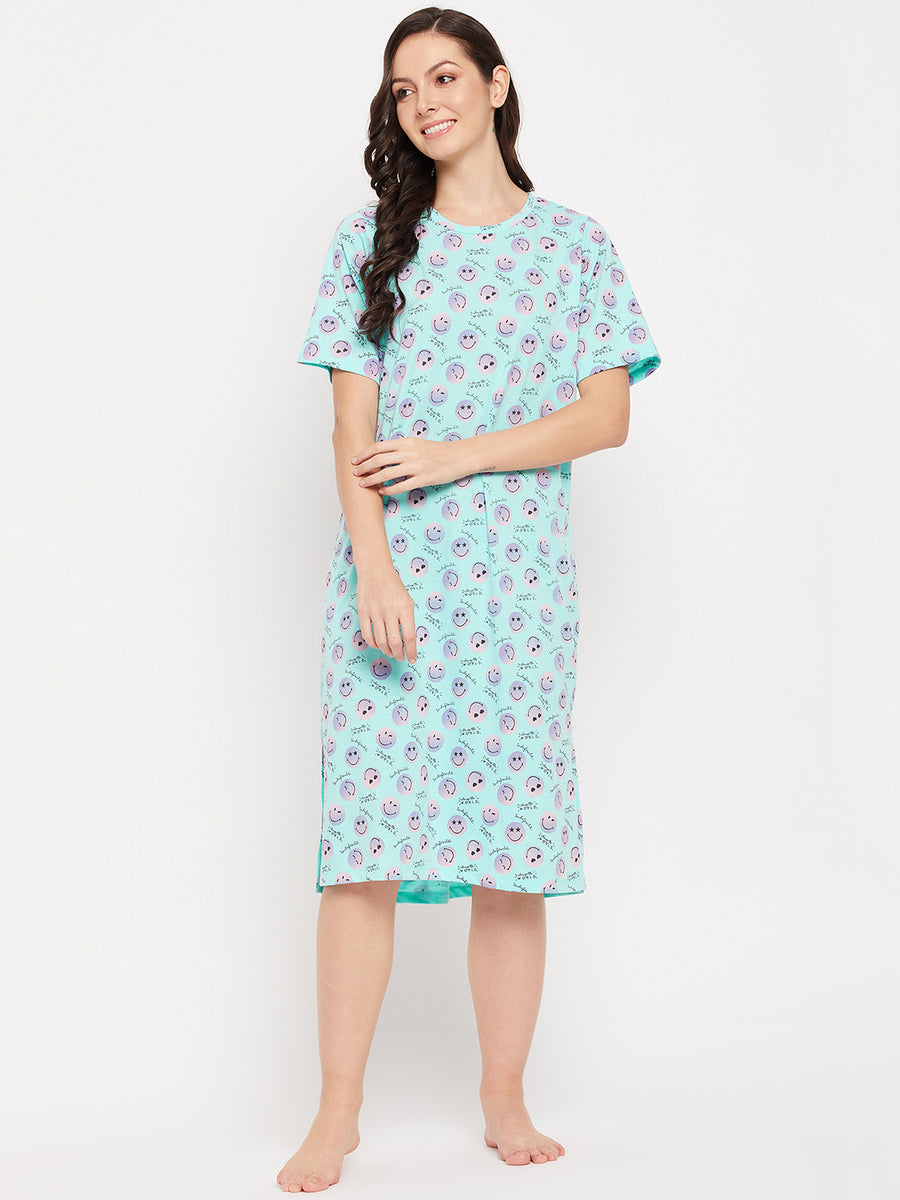 Msecret Aqua Printed Cotton  Mid-length Night  Dress