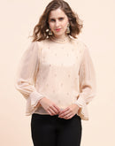 Camla Barcelona Flounce Sleeve Beige Mock Neck Top