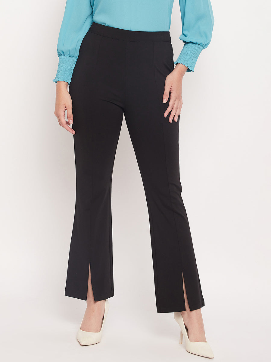 Madame Solid Black Flared Front  Slit Trousers