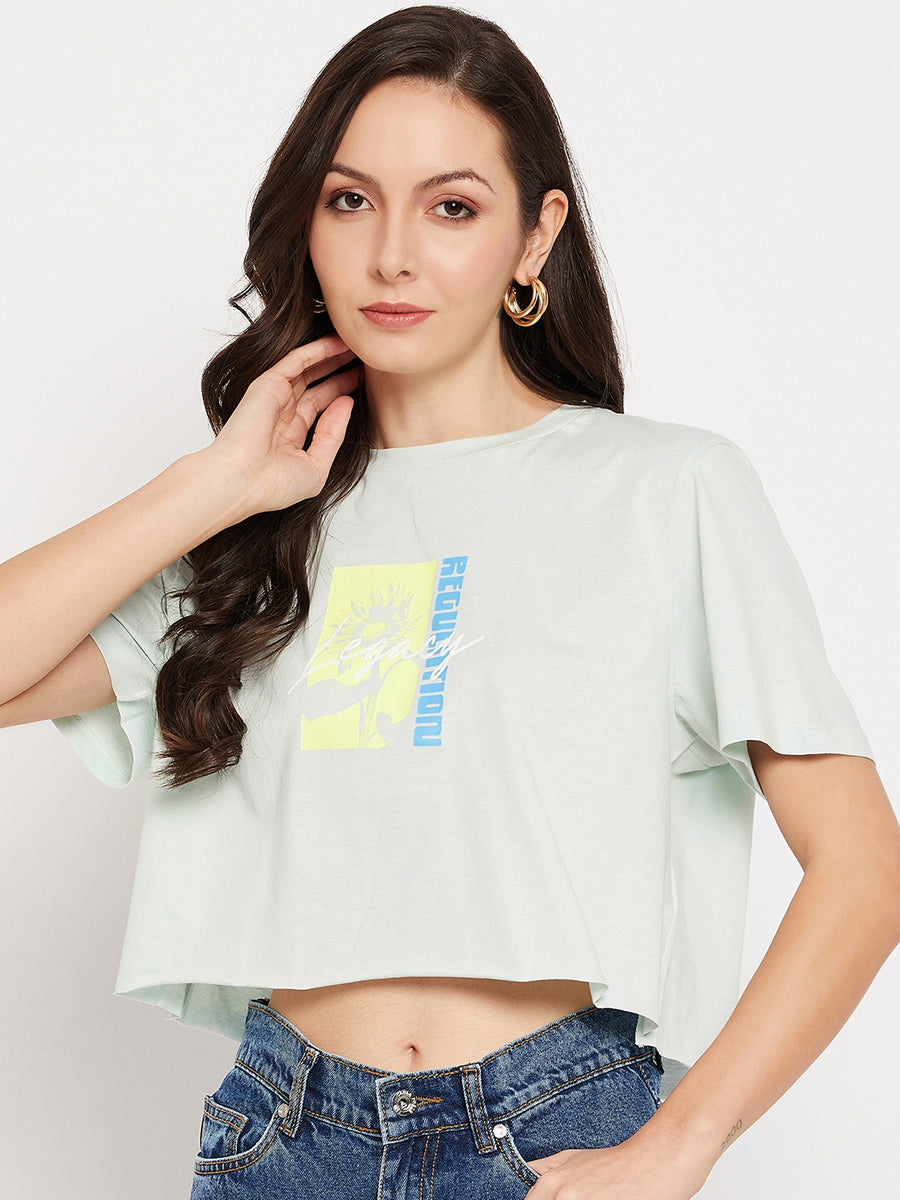 Camla Barcelona Mint Printed  Cotton Crop Tshirt