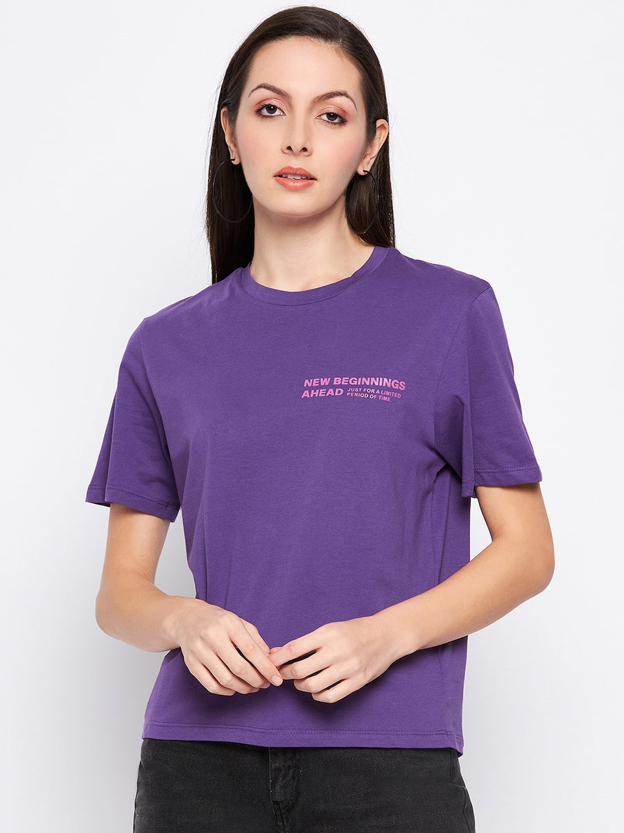 Camla Barcelona Purple Crew Neckline Typography Tshirt