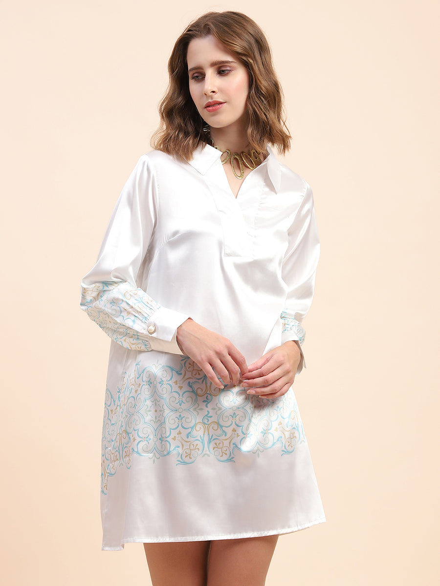 Camla Barcelona Printed Hem & Sleeve Off-White Dress