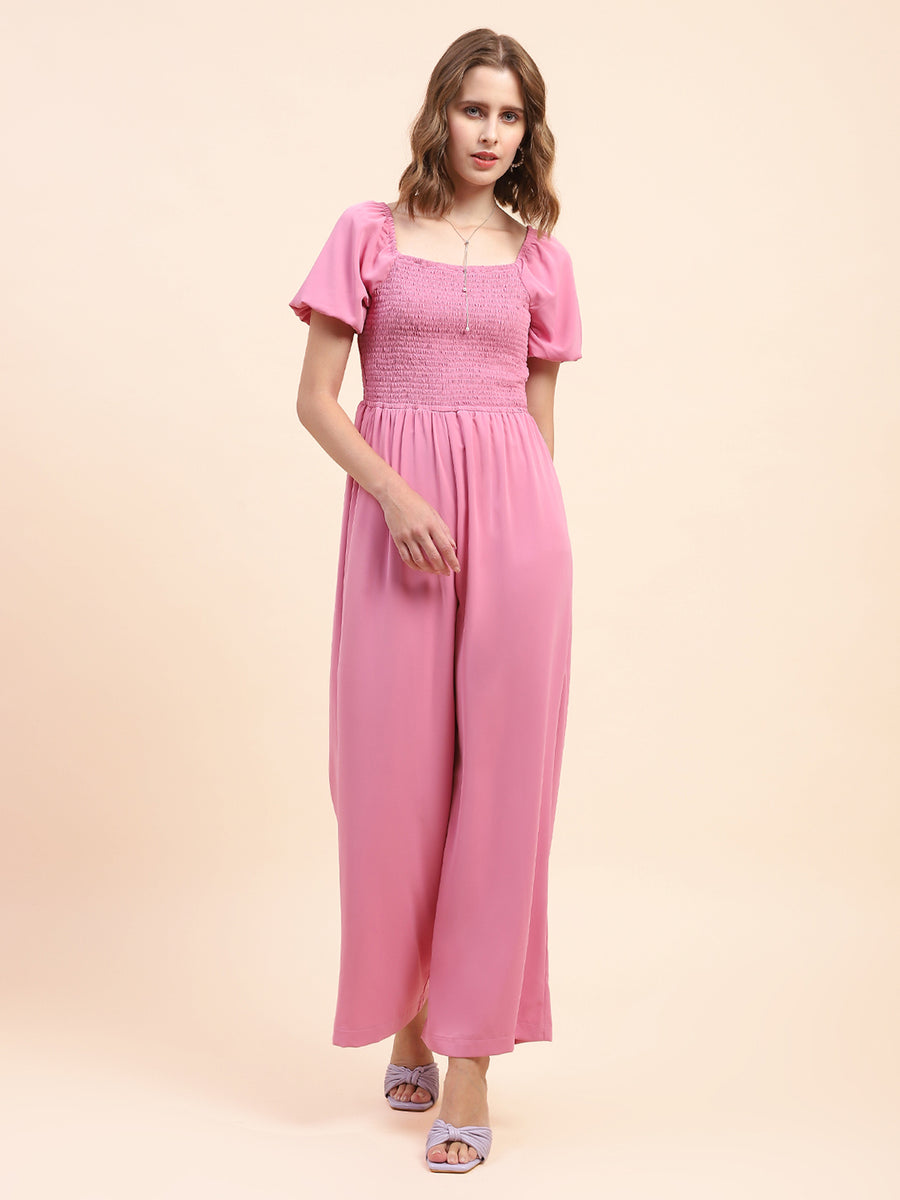 Camla Barcelona Puff Sleeve Mauve Smocked Jumpsuit