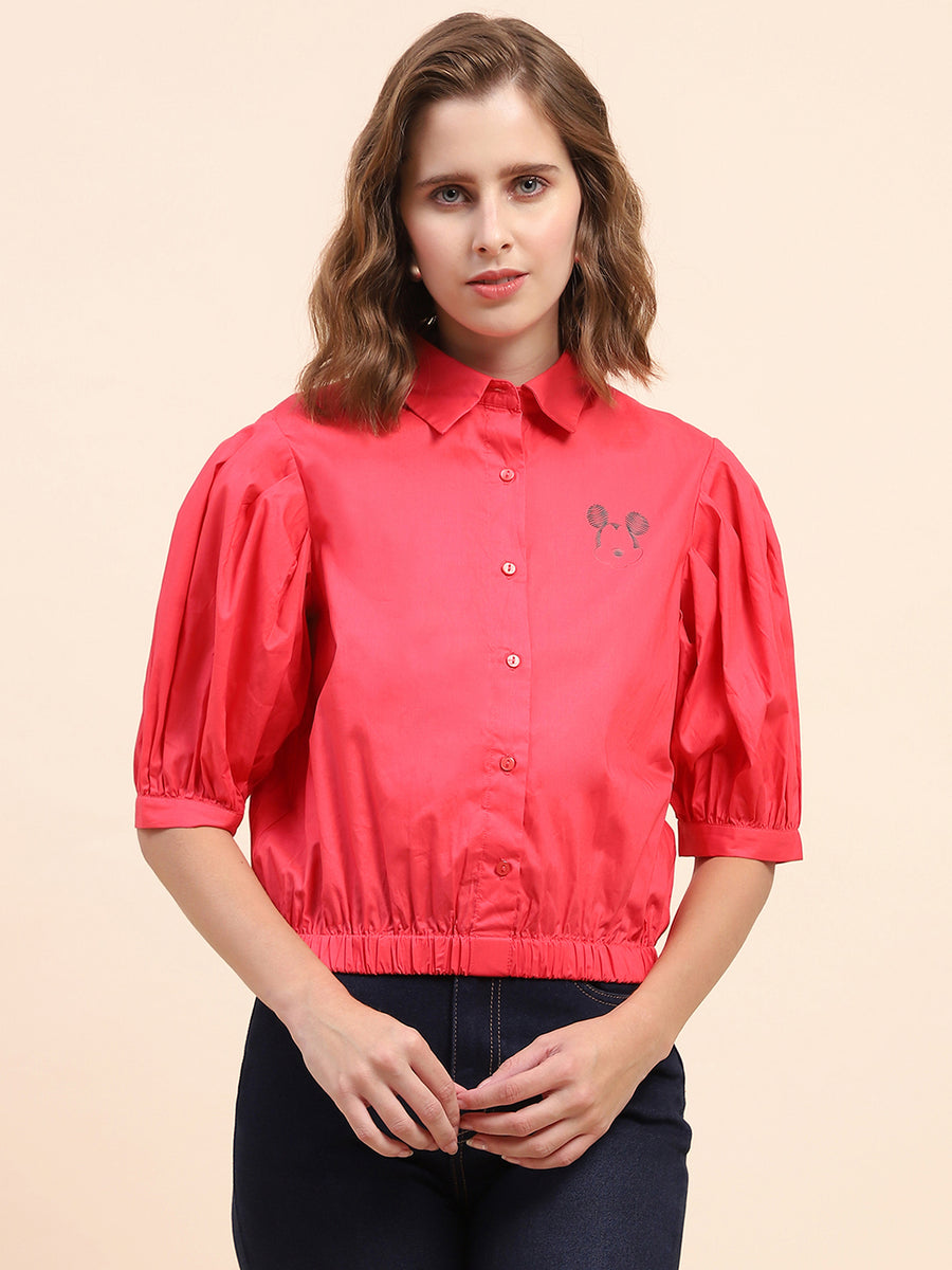 Camla Barcelona Disney Print Hot Pink Puff Sleeve Shirt