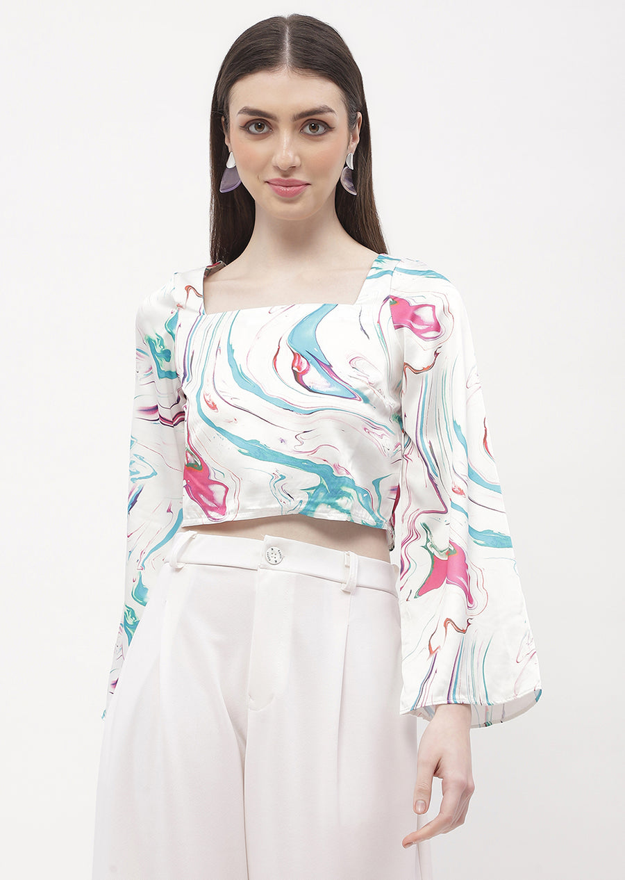 Madame Abstract Print Off-White Bell Sleeve Crop Top