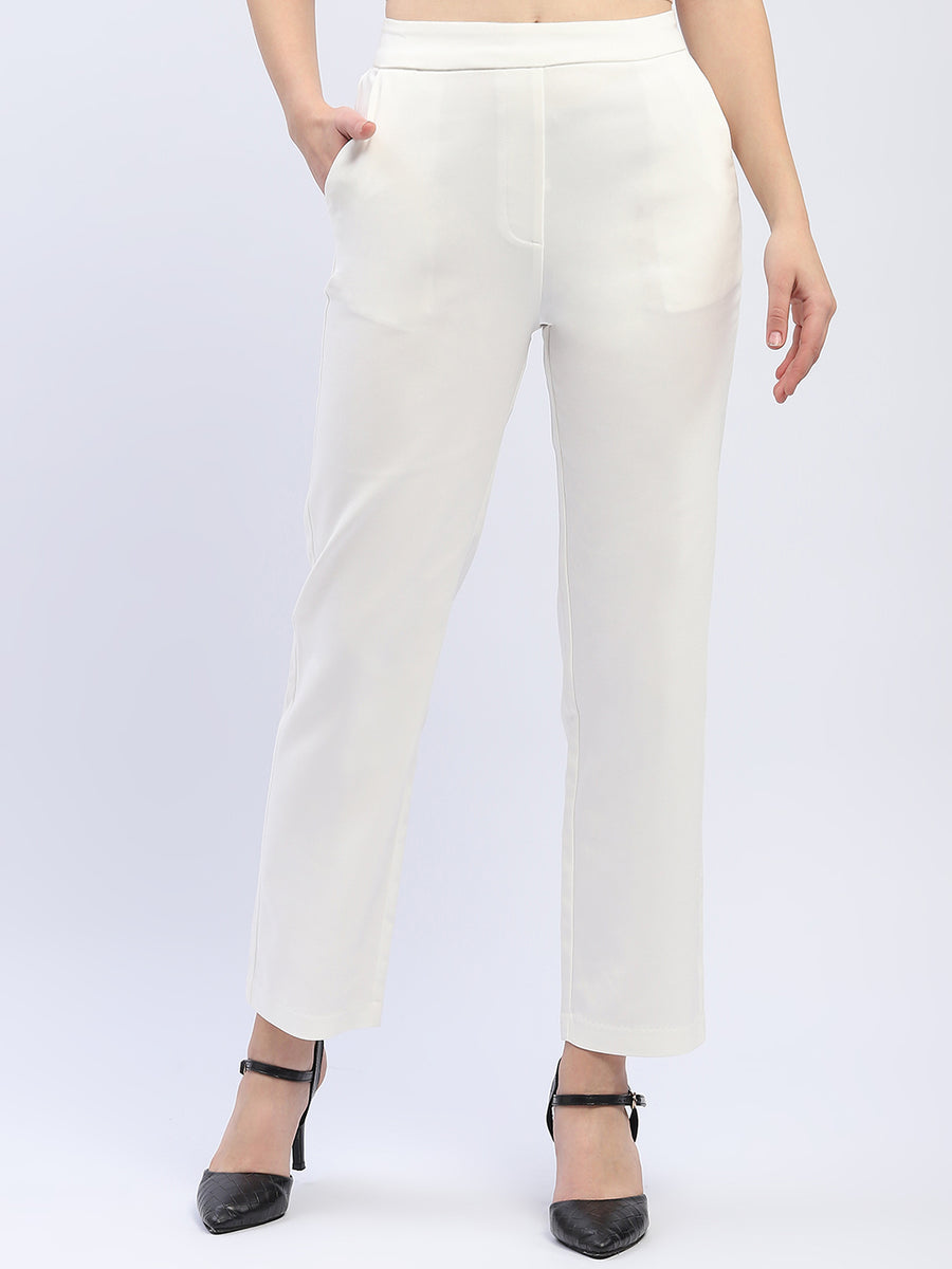 Madame Solid White Straight Fit Trousers