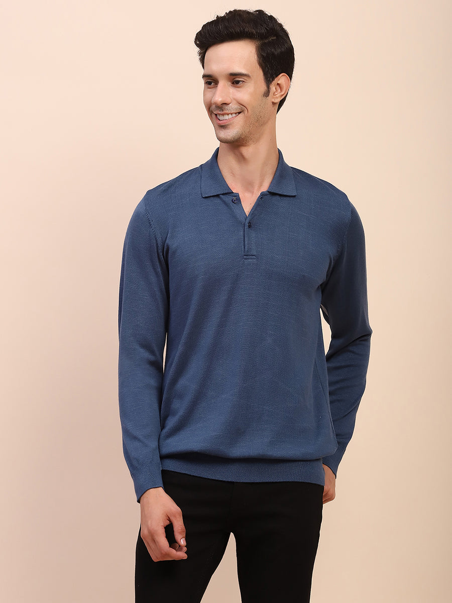 Camla Barcelona Blue Polo Neck Cotton Knitted T-Shirt